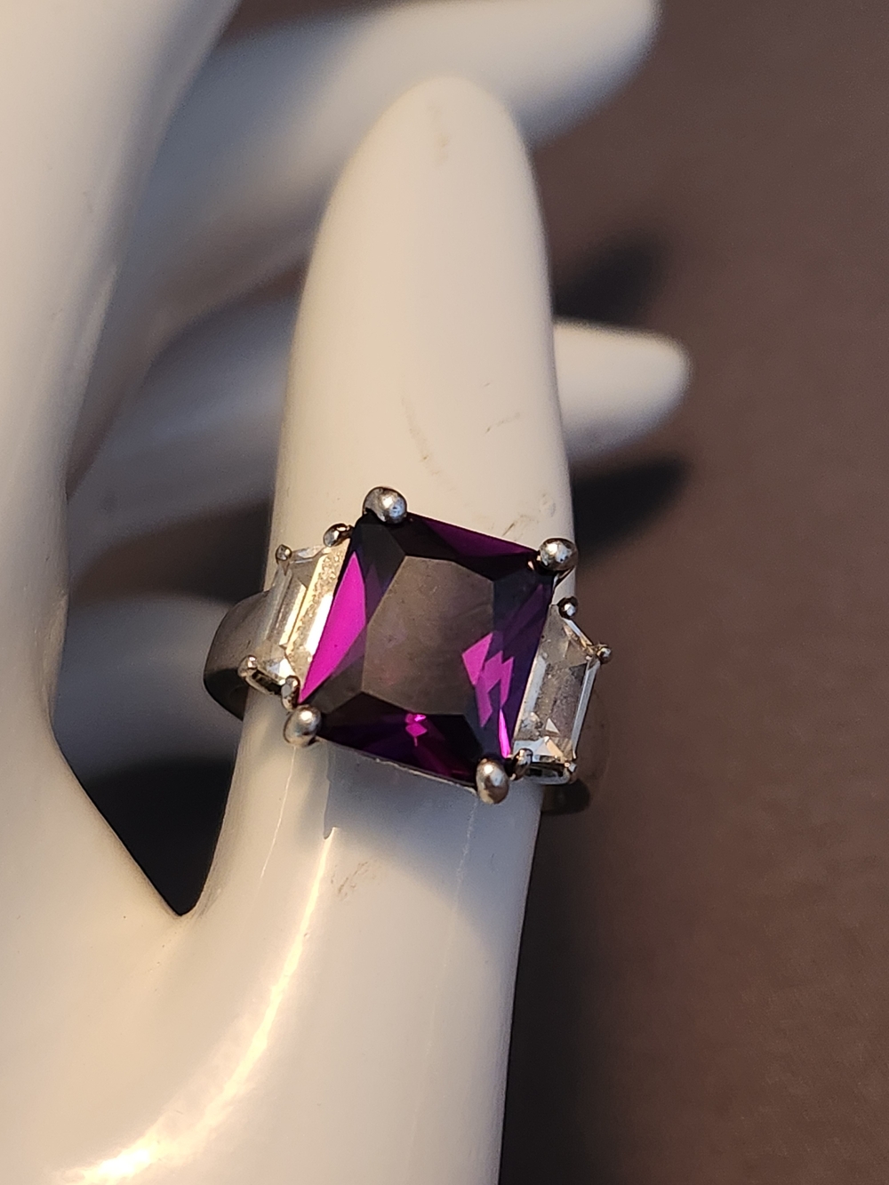 Purple Emerald-Cut Cocktail Ring with Clear Side Stones